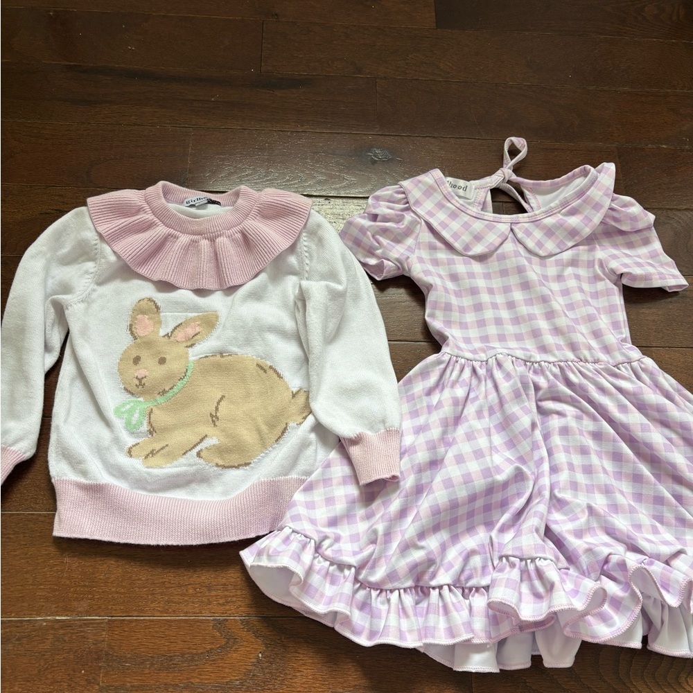 Girlhood Pink Rabbit Sweater & Lilac Gingham Dress Set